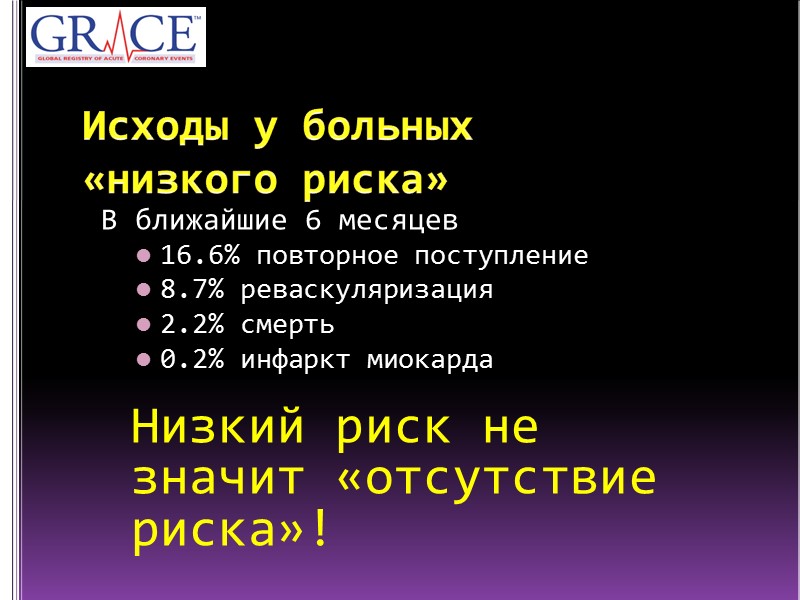 Исходы у больных «низкого риска»  В ближайшие 6 месяцев 16.6% повторное поступление 8.7%